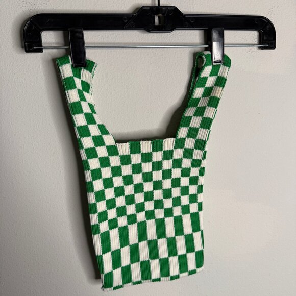 Lastframe Women's White and Green Small Checkered Knit Tote Bag - Picture 3 of 4